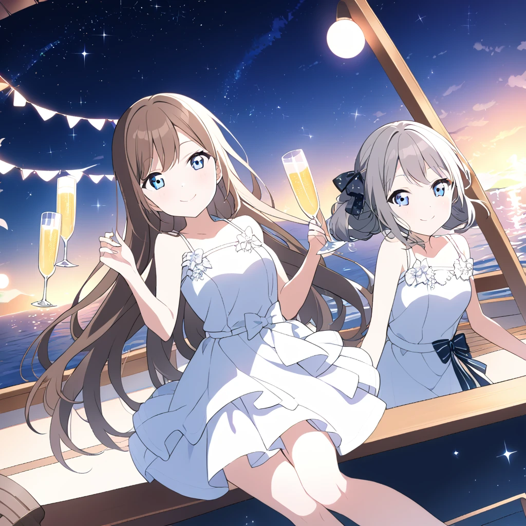 1People Girls Sakurazaka Shizuku Brown Hair Long Hair Beach Light blue eyes Black and white dress Night view Starry Sky Big hair ribbon smile Night Cruising On the boat Champagne glasses
