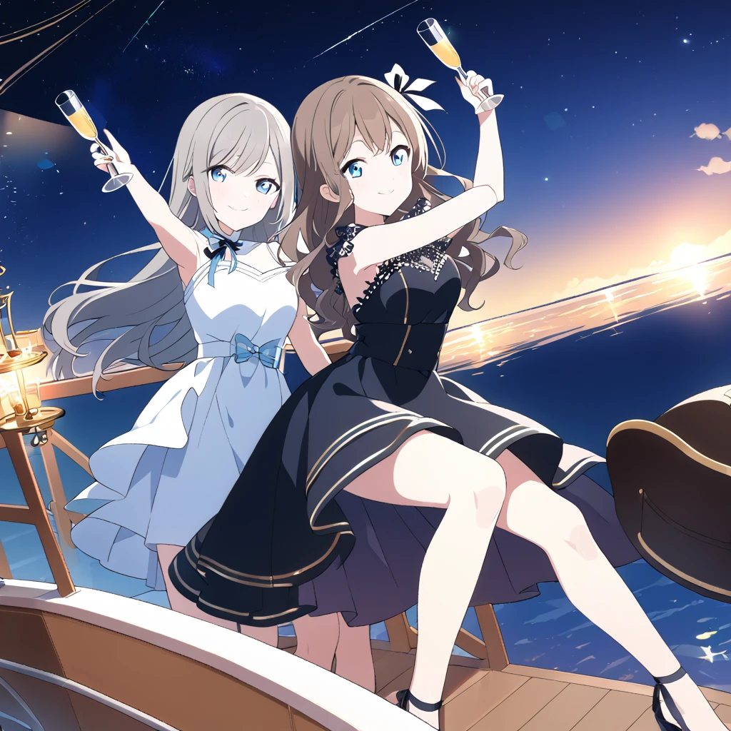 １People Girls　Sakurazaka Shizuku　Brown Hair　Long Hair　Beach　Light blue eyes　Black and white dress　Night view　Starry Sky　Big hair ribbon　smile　Night Cruising　On the boat　Champagne glasses