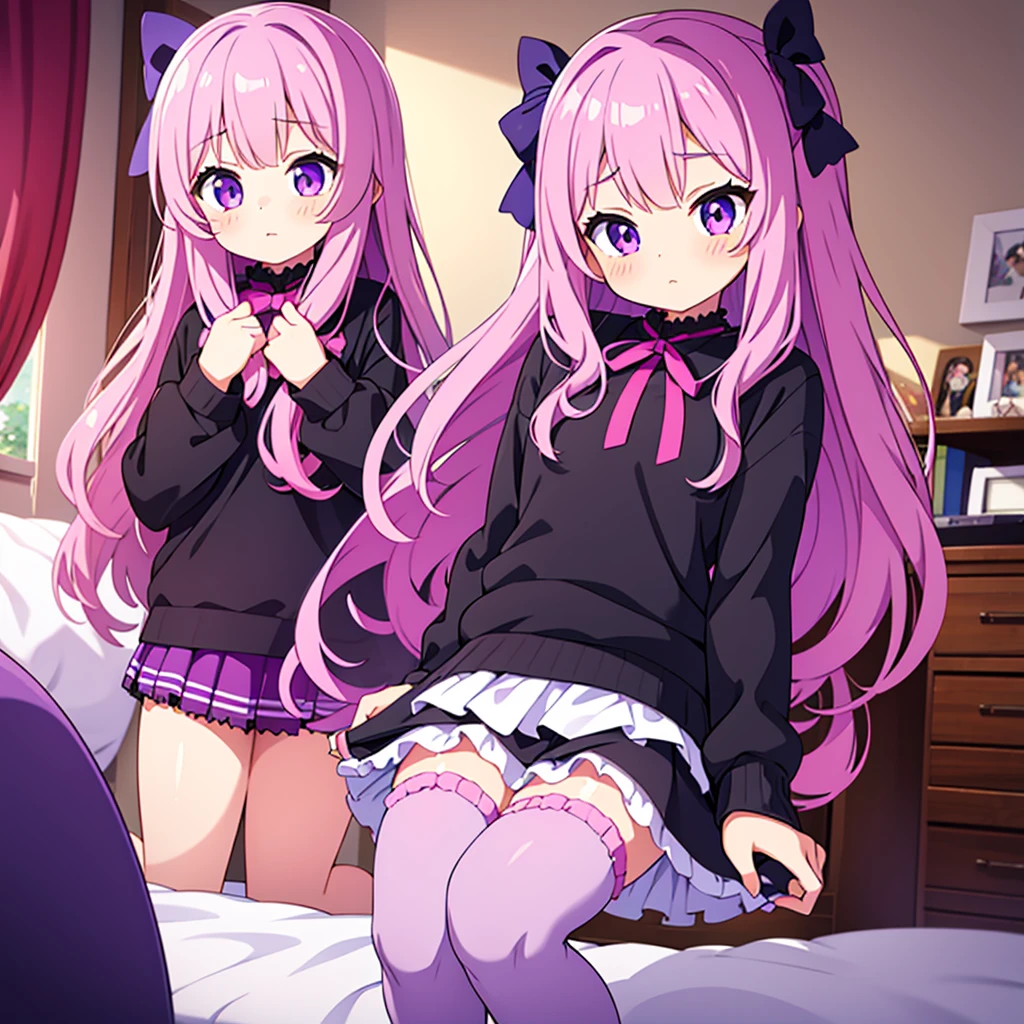 a 14 year old girl, detailed violet eyes, pink wavy long hair, oversized black pullover, frilly skirt, cute stockings with ribbon bows, interior bedroom setting.