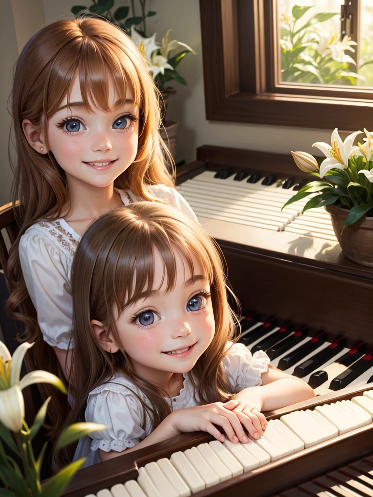 Best picture quality, detailed eyes, long eyelashes, lovely little 5 year old girl playing the piano, smiling very happily, amazingly large shining eyes, long eyelashes, long chestnut hair, very pretty , smiling happily, best smile, friendly and happy smile, lilies outside the windowflowers are blooming,