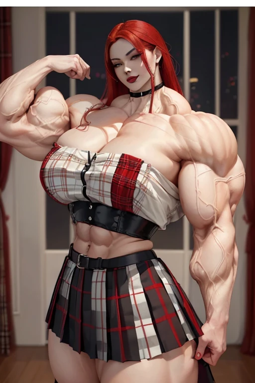 ((((Massive tall, beautiful, buff, pale white skinned muscular asian woman with red hair, black lipstick, ginormous bulky muscles, flexing and wearing a red plaid off-shoulder cropped top and beautiful long pleated skirt)))), (close view), (massive muscles), long hair, ((chained belt)), yellow eyes, choker, ((red plaid off-shoulder cropped top)), belt, ((beautiful long pleated skirt)), thigh high socks, black boots, (at a college dorm room), closed smile, night, massive muscles