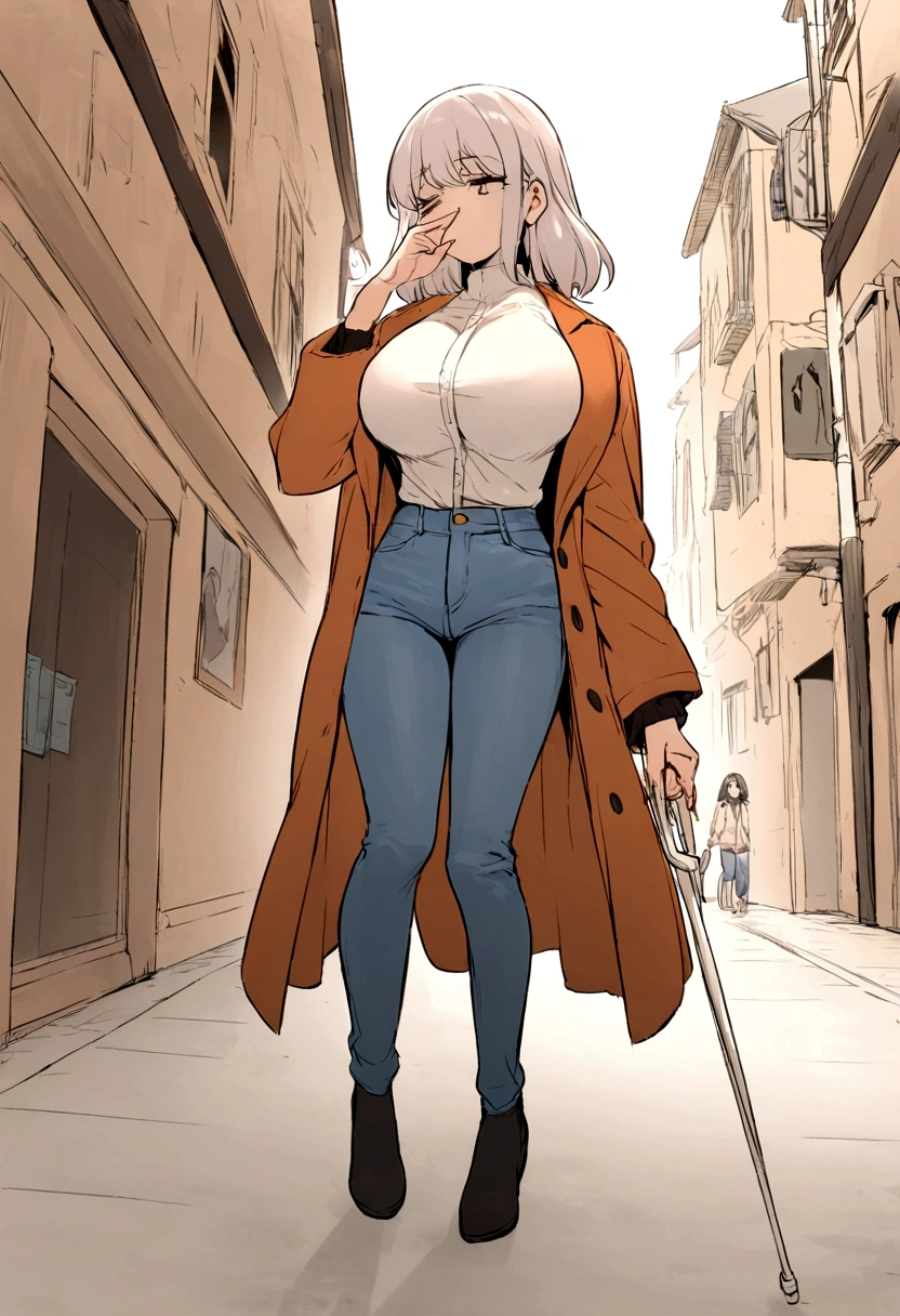 Anime. Young woman. Blind. Big breasts. Jeans. Topic. Jacket. White cane. Walking down the street. Read. Nasal mucus. Cover your nose with your hand. Full body.