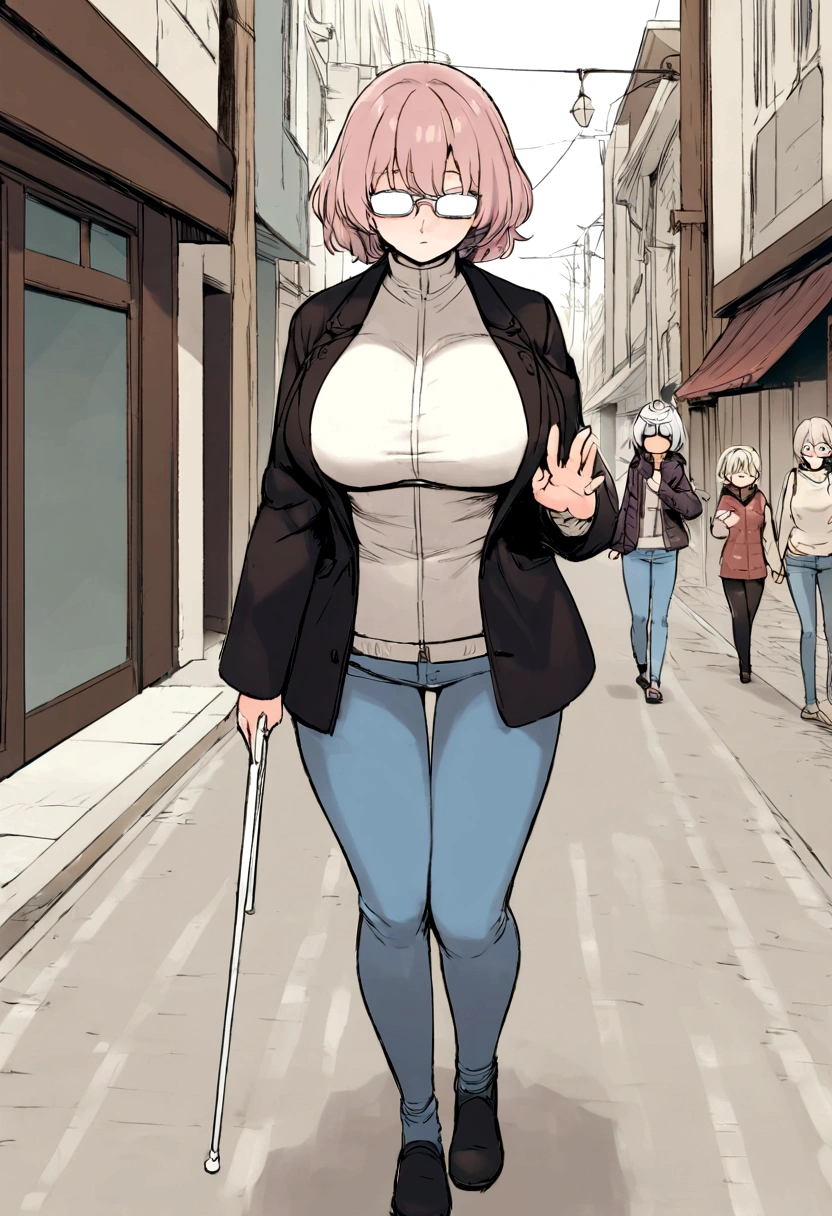 Anime. Young woman. . Big bns. Topic. Jacket. White cane. Walking down the street. Read. Nasal mucus. Cover your nose with your hand. Full body.