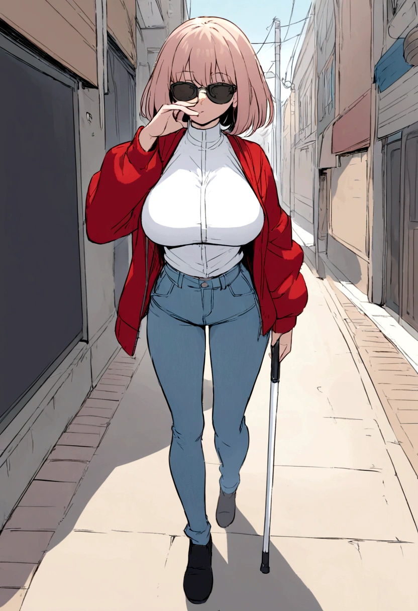 Anime. Young woman. Blind. Big breasts. Jeans. Topic. Jacket. White cane. Walking down the street. Read. Nasal mucus. Cover your nose with your hand. Full body.