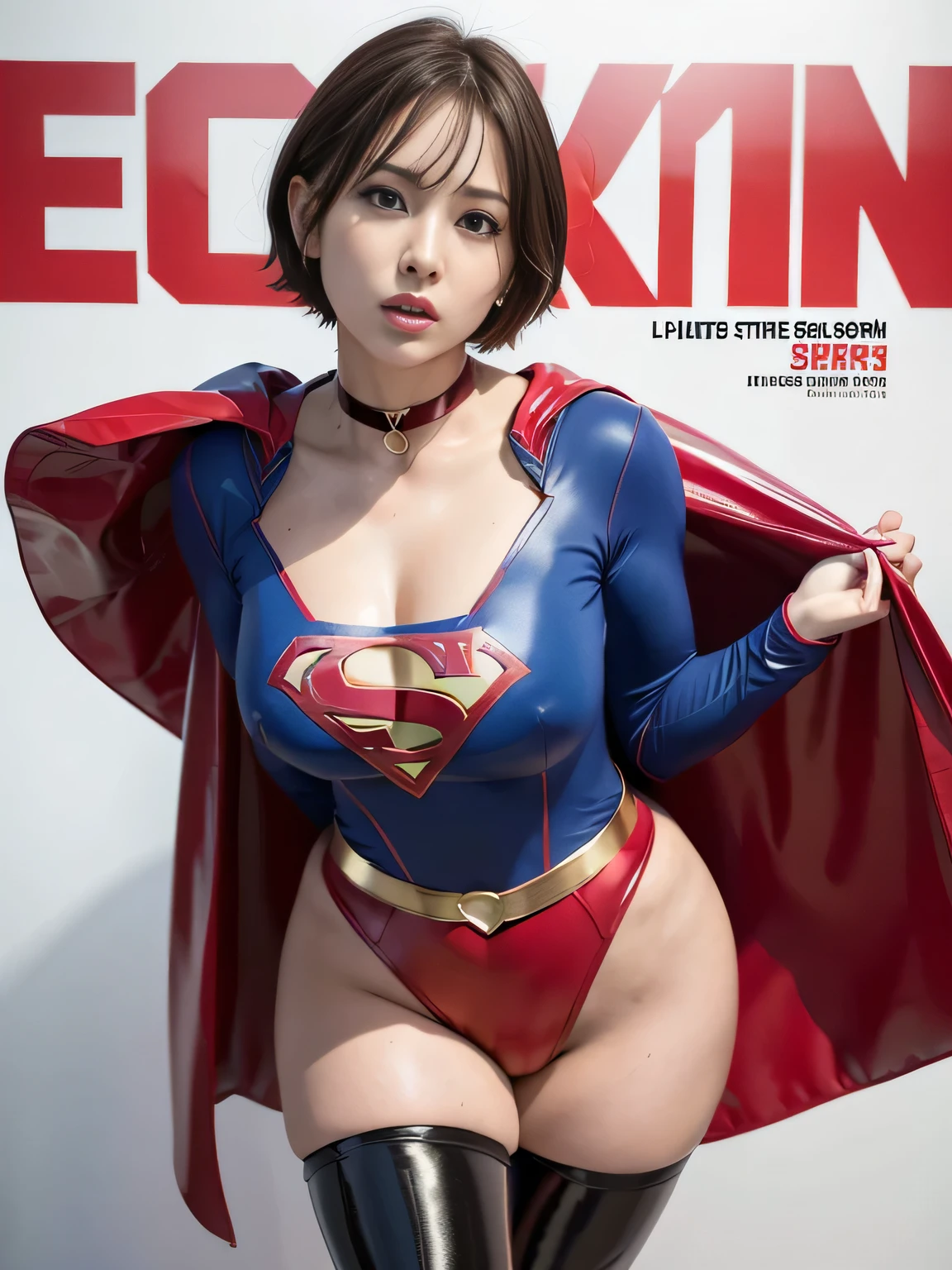 masterpiece、Vinyl Supergirl Costume、short hair、Vinyl Long Boots、Big and ample breasts、shiny sweaty skin、looking at the camera、choker、Long sleeve、Sexy poses to seduce、Off the shoulder、latex、from right in front、athlete、Racing Bloomers、Red Cape、Muscle training、Thighs、Photo magazine cover、Public Image、