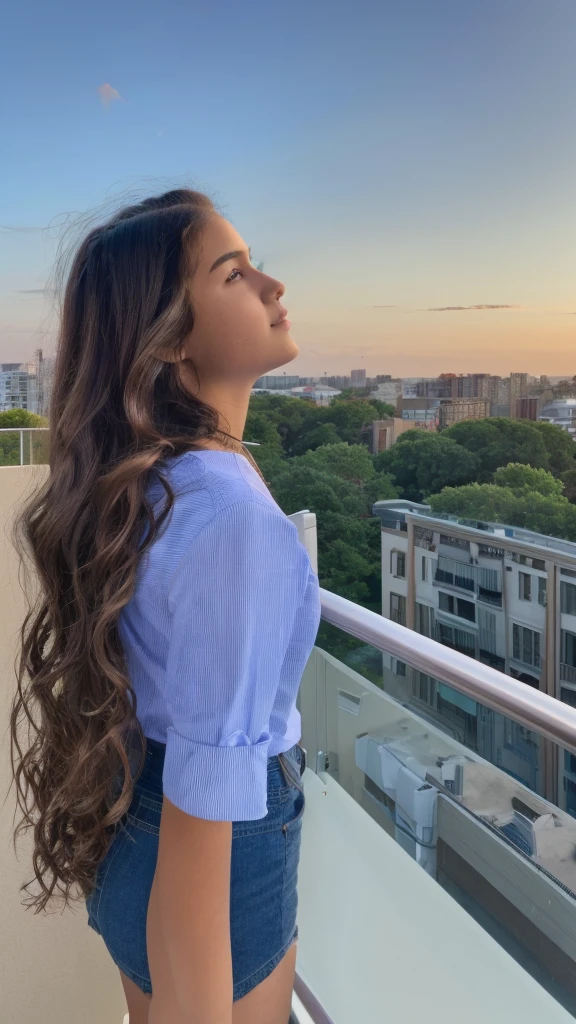 14 year old girl, with wavy hair and honey brown eyes looking at the sky from the side balcony in a city with a beautiful sky, (realist), 8k, Ultra quality, 4K quality