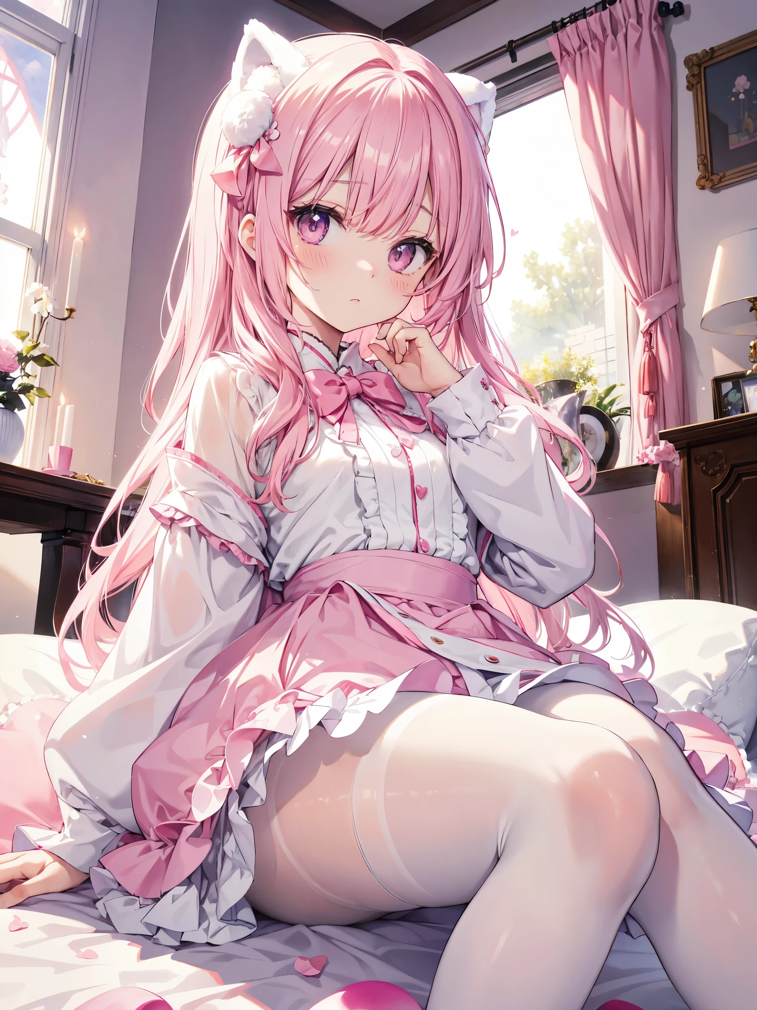 kawaii girl、absorb lint,Pink room,ta,White silk pantyhose