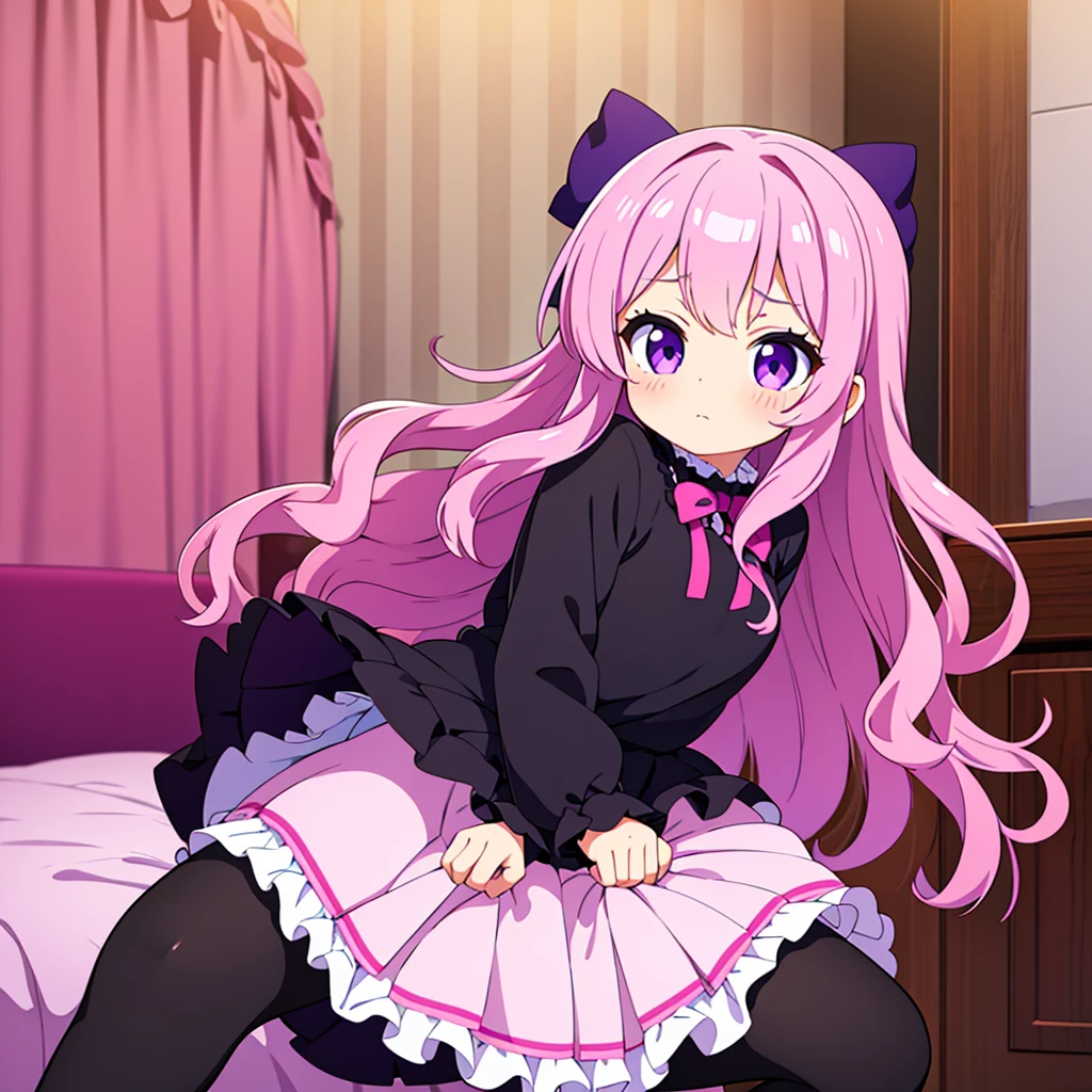 a  girl, detailed violet eyes, pink wavy long hair, oversized black pullover, frilly skirt, cute stockings with ribbon bows, interior bedroom setting.