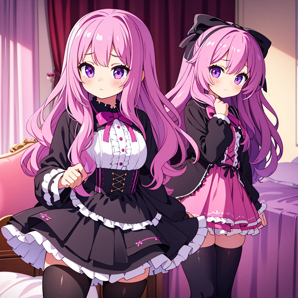 a 14 year old girl, detailed violet eyes, pink wavy long hair, oversized black pullover, frilly skirt, cute stockings with ribbon bows, interior bedroom setting.