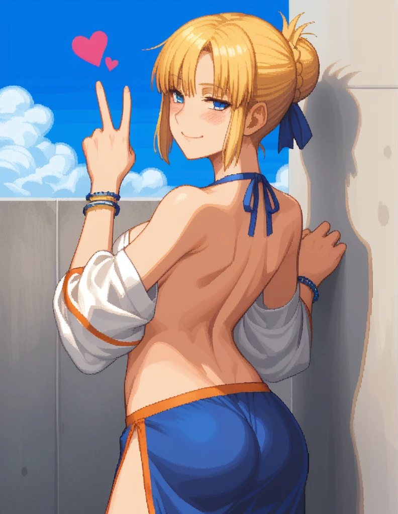 score_9, score_8_up, score_7_up, rating_safe, 1girl, solo, Pixel_Art, Fate/Zero, Saber, blue eyes, yellow hair, short hair, Tied hair, side bangs, revealing clothes, big breasts, visible breasts, topless, hot sexy outfit, gym outfit , clavicle, backless, cross halter, necklace, loose sleeves, bracelet, bare shoulders, navel, hip slit, v, raise hand, look at viewer, simple background, blue sky background, heart background, blush, ugly face, smile, half closed eyes, naked, ecchi, turns around, big ass, hentai, porn, very hot, shows us her butt, arches her back, twerk, arched, visible butt, stands against a wall, bare butt, cum on her breasts