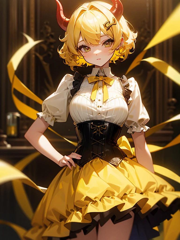 Short blonde curly hair Yellow ribbon hair ornament Yellow corset dress Devil's wings Angry face girl Pink hair short girl Pink dress