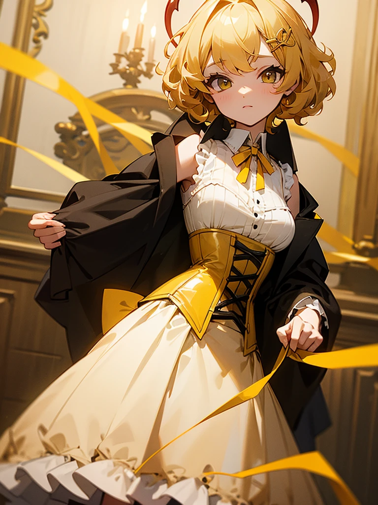 Short blonde curly hair Yellow ribbon hair ornament Yellow corset dress Devil&#39;s wings Angry face girl Pink hair short girl Pink dress
