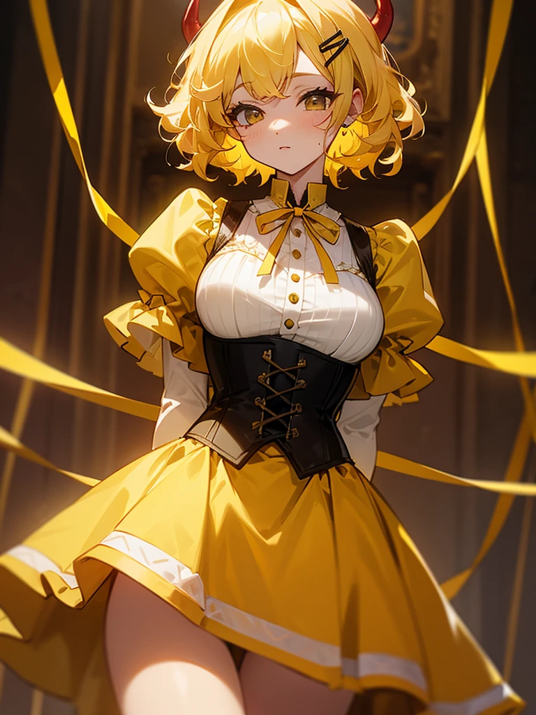 Short blonde curly hair Yellow ribbon hair ornament Yellow corset dress Devil&#39;s wings Angry face girl Pink hair short girl Pink dress