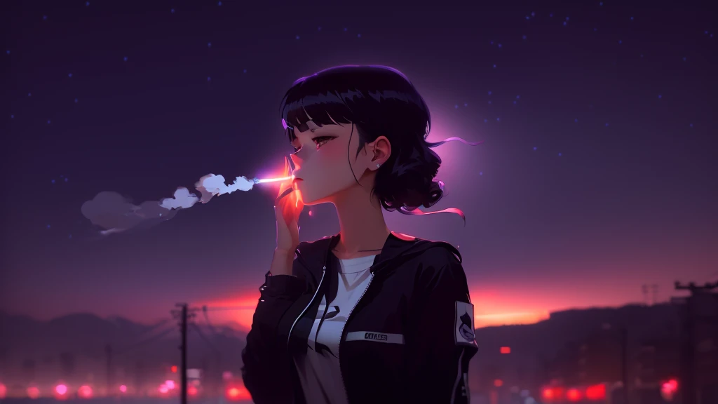 Anime girl smoking a cigarette under the night sky, Landscapes by Ilya Kuvshinov, style of Alena Aenami, Lo-fi art style, Lo-fi Girl, Alena Aenami, Artistic. Alena Aenami, Digital Art Ilya Kuvshinov, inspired Alena Aenami, Inspired by Cyril Rolland, art of Alena Aenami