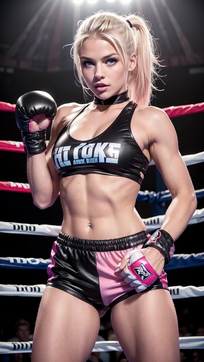 Cute young American blonde bimbo, 18 years old, cute sexy face, ((black boxing shorts)), (sexy boxing shorts), blue eyes, straight blonde hair with pink highlights, ((topless, exposed chest)), muscular arms, toned body, boxing gloves, (sexy black boxing shorts), (pink lipstick, heavy makeup), slutty makeup, intimidating pose in a boxing ring, full body portrait,