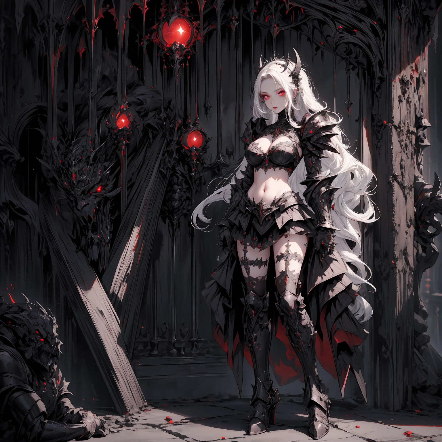 queen power armor , (gothic style), full body view , bellybutton, The most beautiful and sexy demon goddess, long white hair, glowing red eyes, wearing detailed black gothic battle armor, black angel wings, tattoos and piercings, gothic castle, perfect masterpiece, high quality, high resolution
