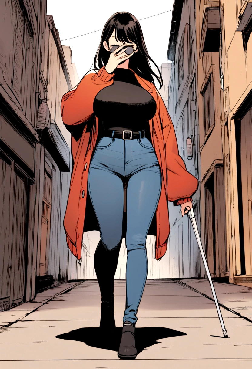 Anime. Young woman. Blind. Big breasts. Jeans. Topic. Jacket. White cane. Walking down the street. Read. Nasal mucus. Cover your nose with your hand. Full body.
