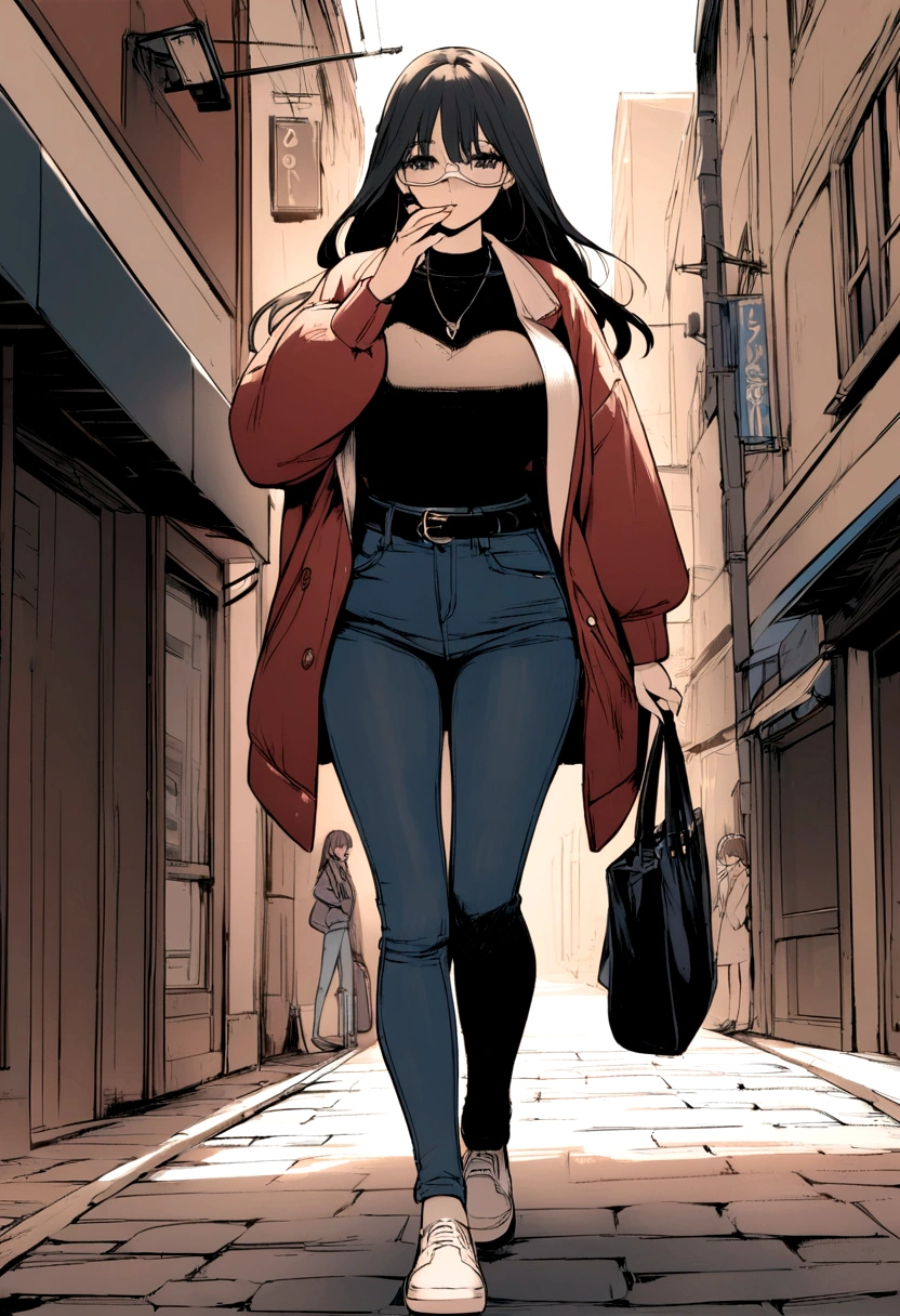 Anime. Young woman. Blind. Big breasts. Jeans. Topic. Jacket. White cane. Walking down the street. Read. Nasal mucus. Cover your nose with your hand. Full body.
