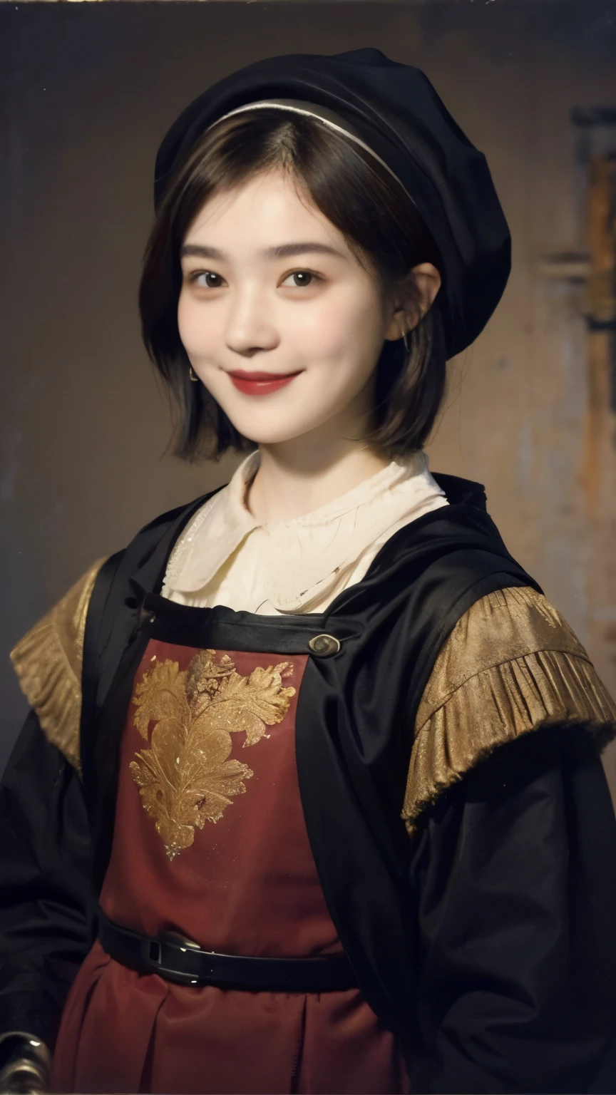 252 (An 18-year-old female and an 18-year-old male), (short hair),kind, lipstick, (Rembrandt-style painting), smile