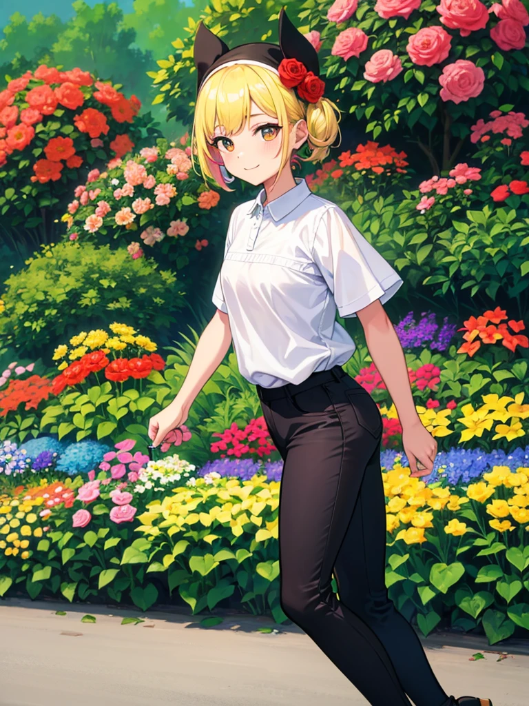 masterpiece, Highest quality, One girl, Podenko, a flowerpot, A small smile, Multicolored background, flower, Dynamic Color, Black pants