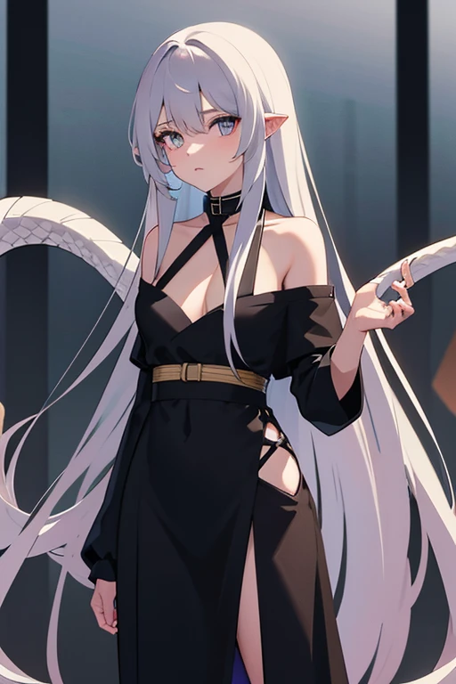 Snake girl is a , long hair and a long tail, wears a collar around his neck