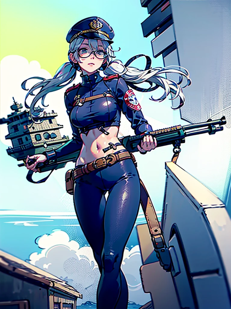 realistic detailed woman with white hair in twin pigtails, wearing white military jacket, miko costume, thick black tights, black glasses, white military cap, cloudy eyes, sleepy expression, floating on morning sea with legs spread wide, holding turret with right hand, mechanical arms extending from waist to equip ship, turret on back held by left arm, torpedo tubes strapped to thighs, machine wings and tail, shotgun, (best quality,4k,8k,highres,masterpiece:1.2),ultra-detailed,(realistic,photorealistic,photo-realistic:1.37),shipgirl,vivid colors,studio lighting,extremely detailed face and eyes,beautiful detailed lips,long eyelashes,professional,concept art