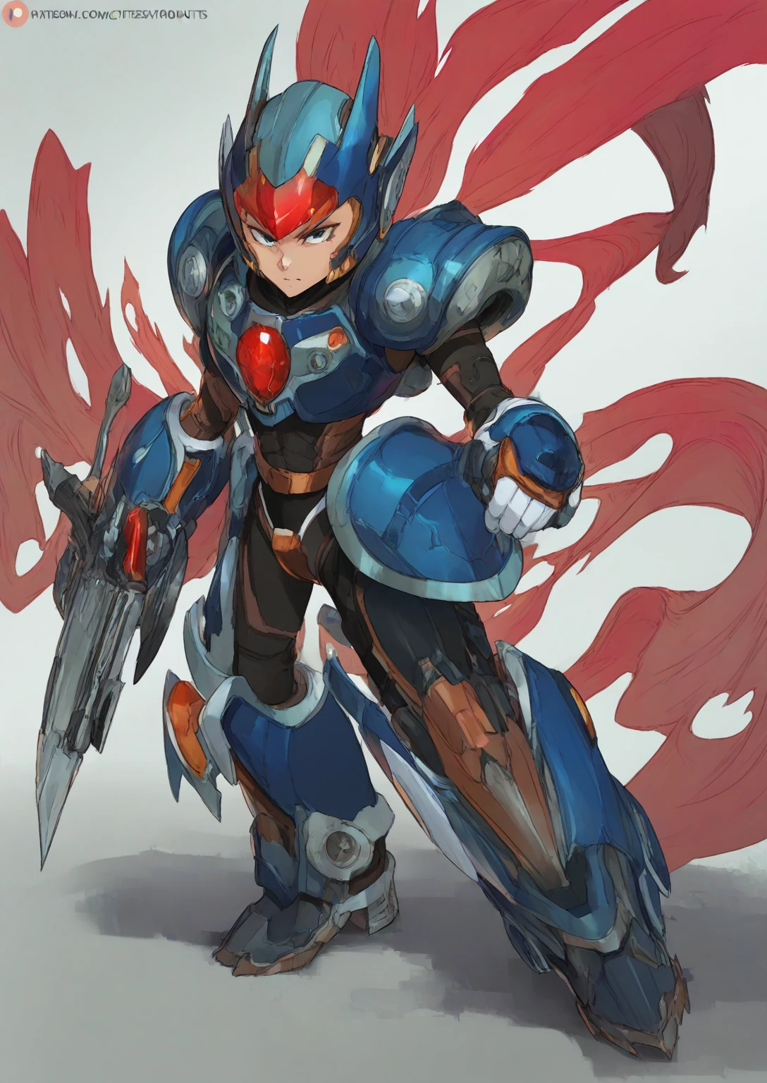 Cutesexyrobutts artstyle, Cutesexyrobutts, 1boy, solo, hardboiled, reploid, The image showcases several iterations of the character Megaman X in his design from "Mega Man X8". This character, a Reploid, features a sleek, futuristic design with a predominantly blue color scheme and light blue highlights. The first design shows a rounded, simplistic form, emphasizing a youthful and approachable appearance. The second design introduces angular features, giving him a tougher and more mature look. The third design further enhances these aspects with added armor details and more defined muscle structure, highlighting his combat-ready nature. The side profiles show his helmet with a red gem centerpiece and intricate arm and leg armor details. The overall art style is dynamic, with clean lines and a mix of soft and hard shading to emphasize his mechanical yet heroic qualities.

AI art prompts:
- "Futuristic Reploid, Megaman X design, blue and light blue color scheme, sleek and dynamic design, detailed armor, combat-ready, heroic stance, clean lines, mix of soft and hard shading."
- "Megaman X Reploid character design, angular features, youthful and approachable appearance, futuristic armor, red gem centerpiece, intricate details, heroic and combat-ready."
- "Reploid hero, sleek and futuristic, blue armor, light blue highlights, dynamic design, side profiles, detailed helmet, clean lines, soft and hard shading., in kinu-sensei artstyle