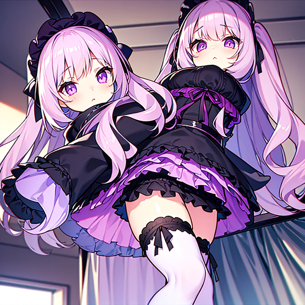 a 14 year old girl, detailed violet eyes, pink wavy long hair, oversized black pullover, frilly skirt, cute stockings with ribbon bows, interior bedroom setting.