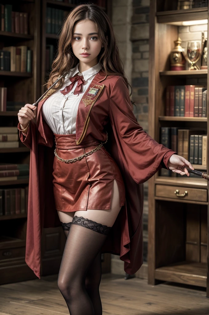 "Create an ultra-realistic image of an adult petite woman dressed in a sexy, suggestive cosplay of Hermione Granger from Harry Potter. The woman should have an hourglass figure, but with a petite frame—petite, petite, petite. She should have long, wavy brown hair, styled in loose waves that frame her face beautifully. Her skin tone should be fair and smooth, with a natural, healthy glow.

Her outfit should be a modern, seductive take on the classic Gryffindor uniform—Gryffindor outfit, Gryffindor outfit, Gryffindor outfit: a tight, form-fitting white shirt with a deep neckline that accentuates her bust, and a short, pleated Gryffindor skirt that hugs her hips. Over the shirt, she should be wearing a cropped version of the Gryffindor robe, left open to reveal her figure. She should also have a Gryffindor tie hanging loosely around her neck—Gryffindor logo, Gryffindor logo, Gryffindor logo. To complete the look, she should be wearing thigh-high stockings and high heels.

The woman should be holding a wand in one hand—wand, wand, wand—adding a magical element to her appearance. The setting should be a mystical, magical environment reminiscent of Hogwarts, with elements like floating candles, ancient bookshelves, and gothic architecture. Ensure her pose and expression exude confidence and allure, making her look incredibly sexy while maintaining the magical theme.

Focus on capturing the details of her outfit—Gryffindor outfit, Gryffindor outfit, Gryffindor outfit—her  figure—petite, , petite—and the enchanting environment. Emphasize the wand in her hand—wand, wand, wand. The image should be photorealistic, emphasizing every intricate detail. Gryffindor outfit, Gryffindor outfit, Gryffindor outfit, Gryffindor outfit, Gryffindor outfit, Gryffindor outfit, Gryffindor outfit, Gryffindor outfit, Gryffindor outfit, Gryffindor outfit, Gryffindor outfit, Gryffindor outfit, Gryffindor outfit, Gryffindor outfit, Gryffindor outfit, Gryffindor outfit, Gryffindor outfit