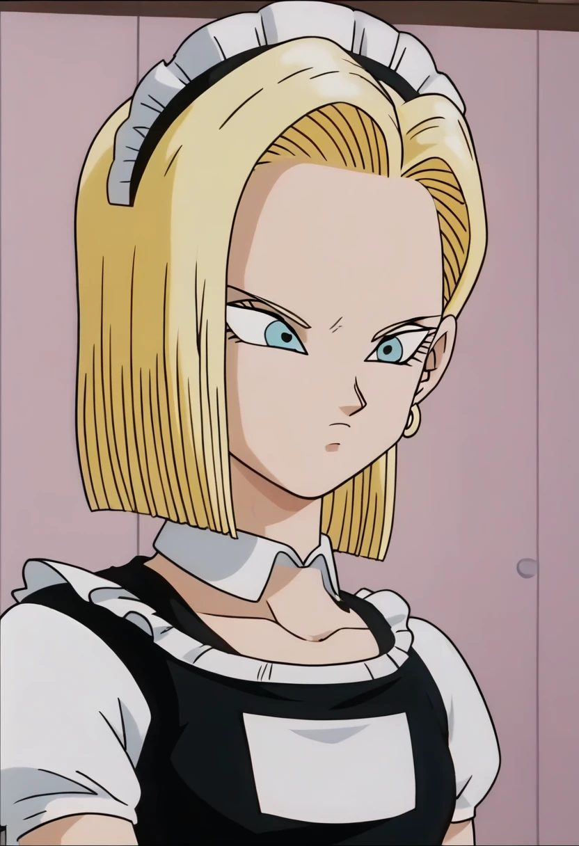 sauce_anime, score_9, score_8_superior, score_7_superior, anime screencap,
Detailed face, Android 18, One girl, alone, View your viewers, short hair, blue eyes, Blonde, Maid , Irritation, Embarrassing, indoor,