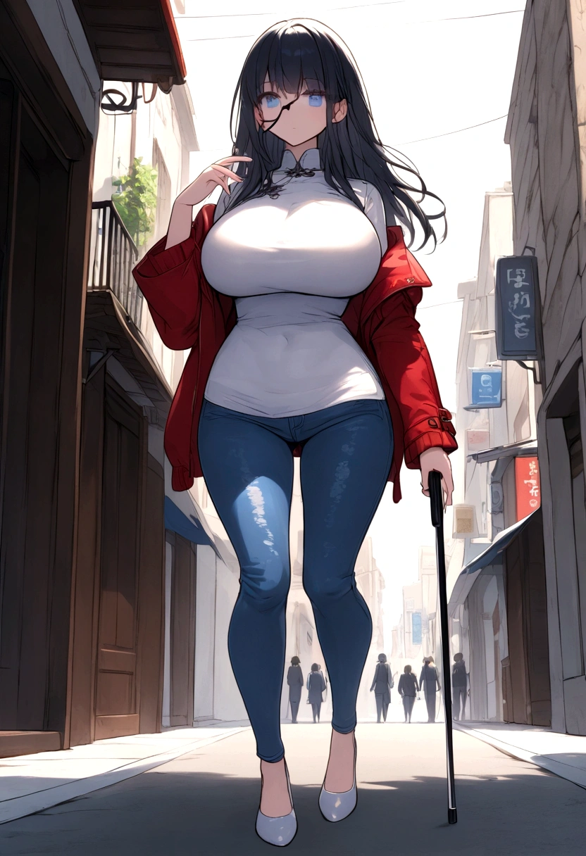 Anime. Young woman. Blind. Big breasts. Jeans. Topic. Jacket. White cane. Walking down the street. Read. Nasal mucus. Cover your nose with your hand. Full body.