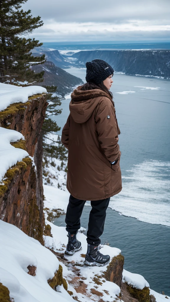 A big wolf standing on a snowy cliff