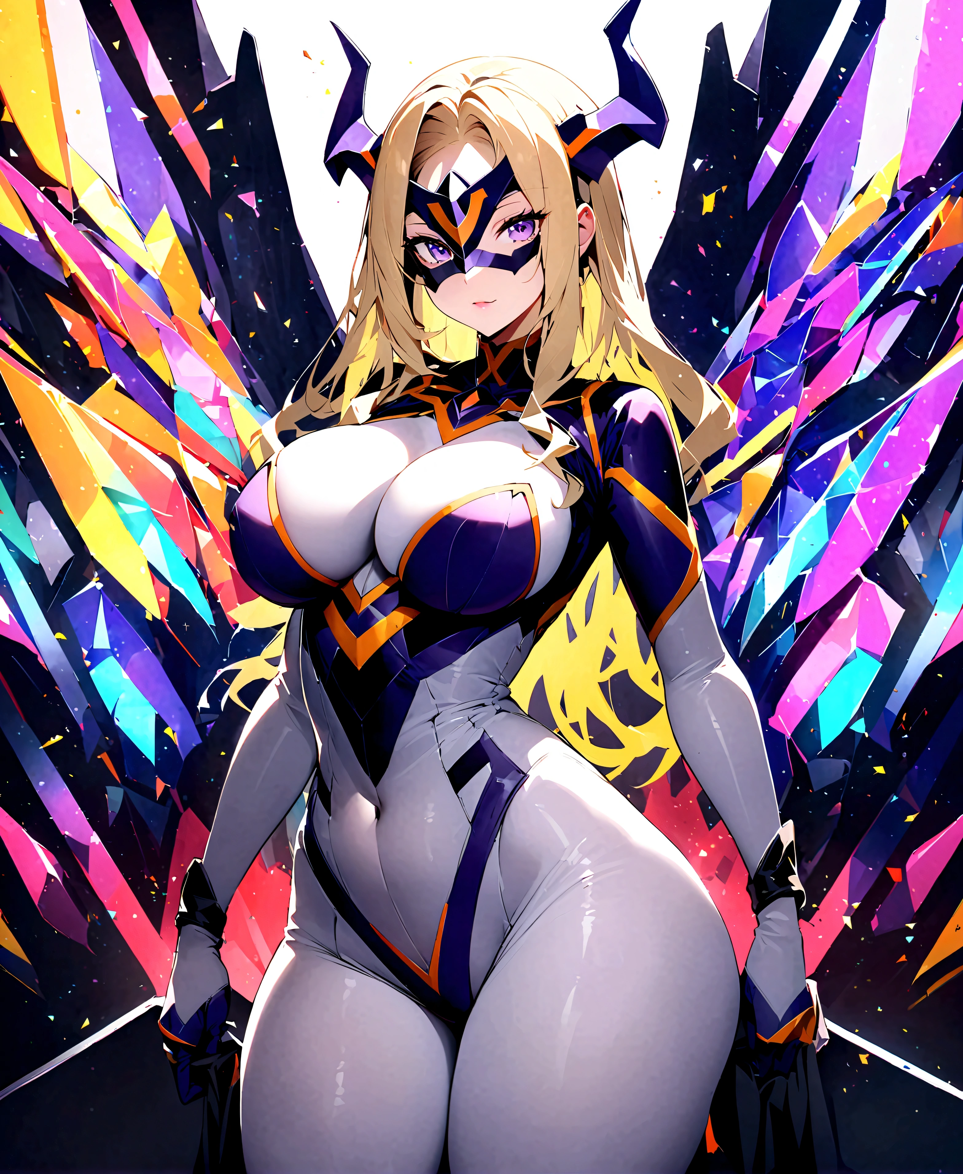 score_9,score_8_up,score_7_up,score_6_up, easynegative, Expressive, solo, Staring at the audience, Seductive look, Are standing, Wearing clothes, Purple and white bodysuit, White purple bodysuit, Purple bodysuit, Mount Lady, mask, Large Breasts, Big thighs, Big Ass,A woman bigger than an office block、Yellow Hair、