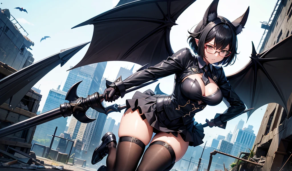 Black short hair, medium breasts, bat ears woman ,Glasses,Bat Wings,Suit,Mini skirt,thigh,black stockings,spear,ruined city