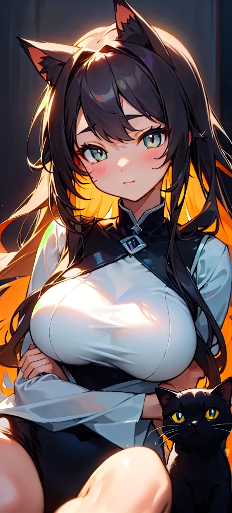 (masterpiece, Highest quality), Black cat, cute, Warm lighting、Big Breasts、Long Hair、High dew temperature