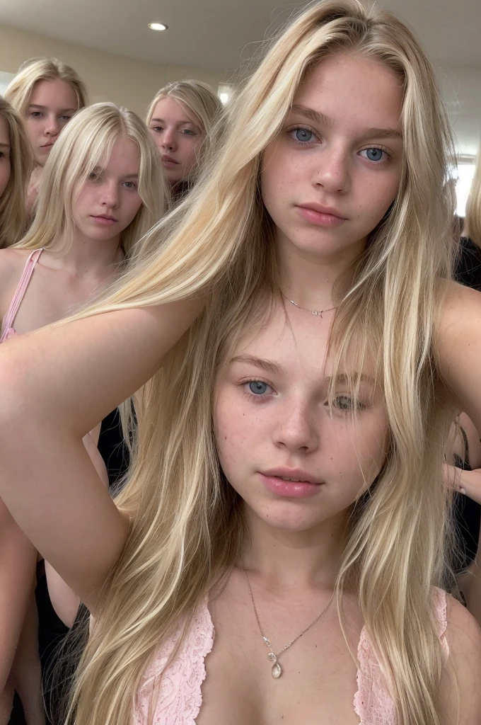 A 18-year-old blonde woman, ((hiperrealismo))textured skin, goosebumps, perfect eyes. Blonde hair with light brown roots, Blonde hair, Hair with brown roots, extra long hair, really long hair. photo taken with iPhone, Porta 160 color. Group of friends at this pink birthday party, lots of cleavage