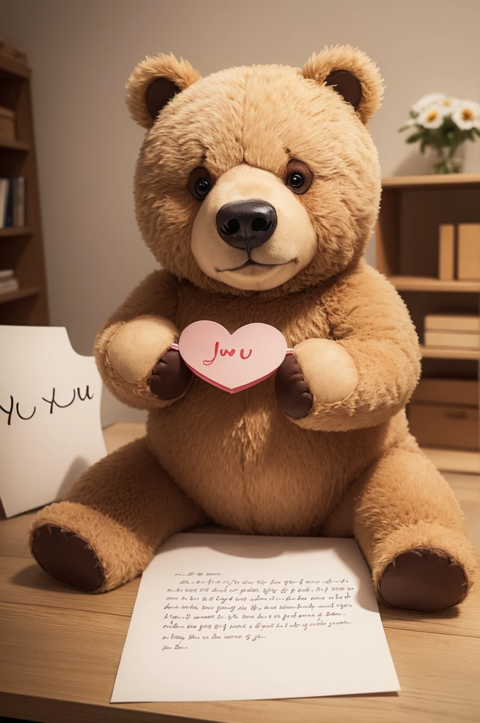 cute bear, with heart inside in a letter, written I love you