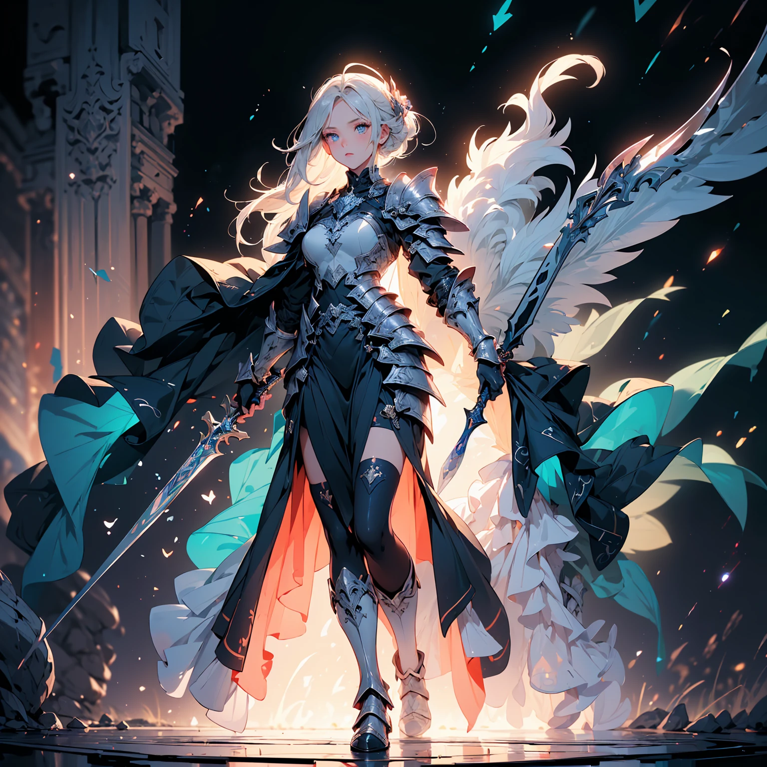 (((masterpiece, best quality, high detailed, 8k))) Design a layout showcase Gaming character, (1girl). Silver|Blue clothes, stylish and unique. ((showcase weapon:1.4)), lightning rod. (masterpiece:1.2), (best quality), 4k, ultra-detailed. (Step by step design, layout art:1.5), (luminous lighting, atmospheric lighting). storm mage, ((glove full hands)), (((revealing clothes:1.3))), vambraces, armored legwear, (((full_body_shot:1.4))). {During a thunderstorm}.
