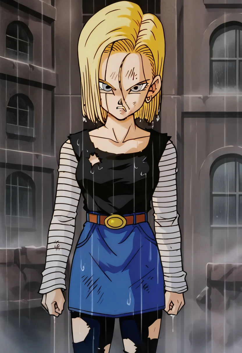 sauce_anime, score_9, score_8_superior, score_7_superior, anime screencap,
Detailed face, Android 18, Classic look, One girl, alone, View your viewers, short hair, blue eyes, Blonde, clavicle, Are standing, arms by side, anger, Cowboy Shot, fire, cigarette, City in Ruins, Wet Hair, rain, Torn Shirt, One shoulder exposed, Hoop Earrings, Black Shirt, Striped sleeves, belt, Denim skirt, Black Pantyhose, Messy Hair,