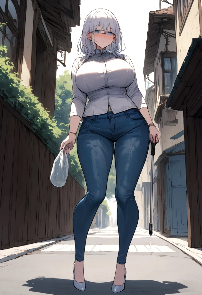 Anime. Young woman. Blind. Big breasts. Jeans. Peed herself. Wet jeans. Topic. Jacket. White cane. Walking down the street. Read. Nasal mucus. Cover your nose with your hand. Full body.