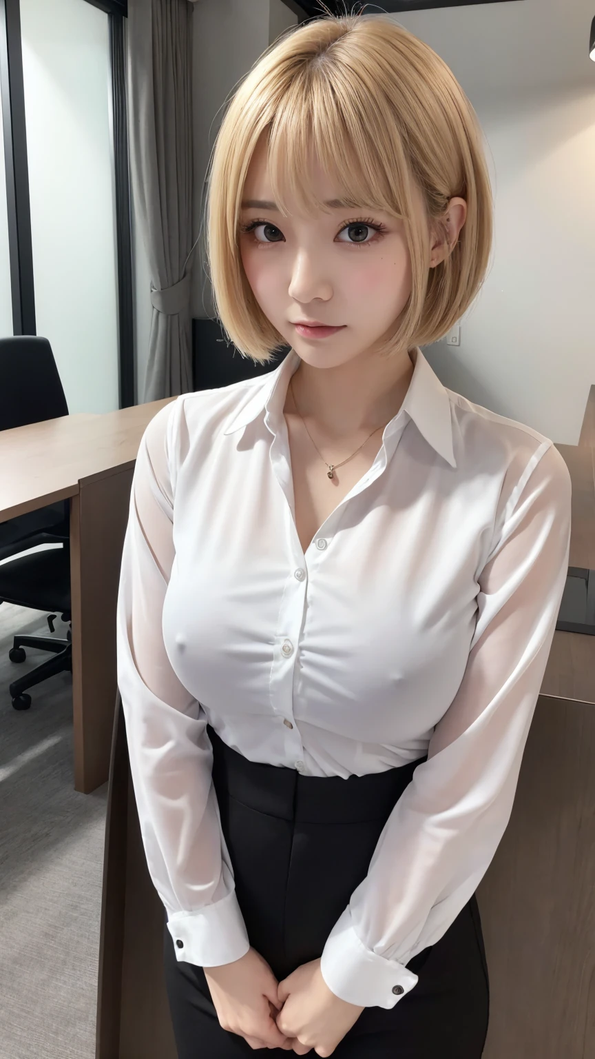 、(masterpiece、Highest quality)、Highest quality, Ultra-high resolution, (((masterpiece))), alone, Sweat、Big eyes,office、Tight white dress shirt、Tight black suit、Tight black pants、indoor、Composition from the front、(Cut the back hair short、short hair、blonde、woman)、Shortcuts、Embarrassed face、Cut your hair short、可愛いwomanの子、Big Breasts