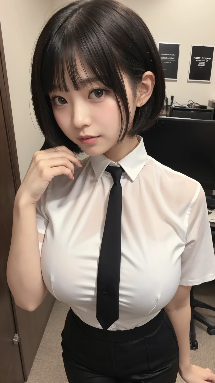 、(masterpiece、Highest quality)、Highest quality, Ultra-high resolution, (((masterpiece))), alone, Sweat、Big eyes,office、Tight white dress shirt、Tight black suit、Tight black pants、indoor、Composition from the front、(Cut the back hair short、short hair、blonde、woman)、Shortcuts、Embarrassed face、Cut your hair short、可愛いwomanの子、Big Breasts
