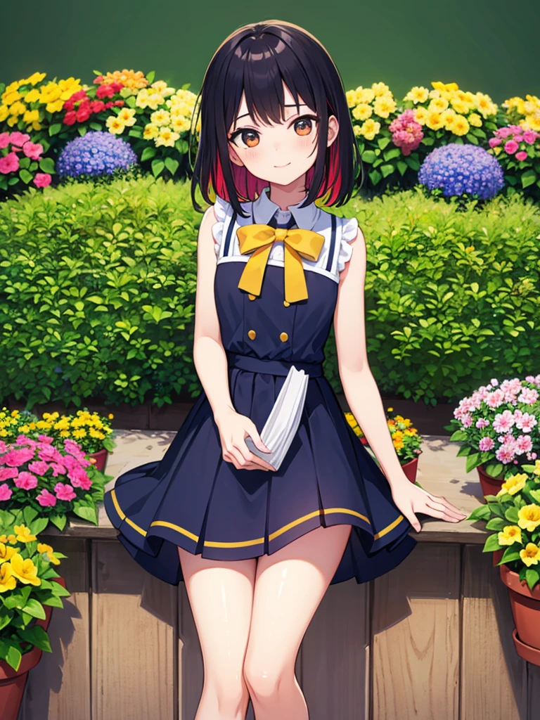 masterpiece, Highest quality, One girl, Podenko, a flowerpot, A small smile, Multicolored background, flower, Dynamic Color, mini skirt