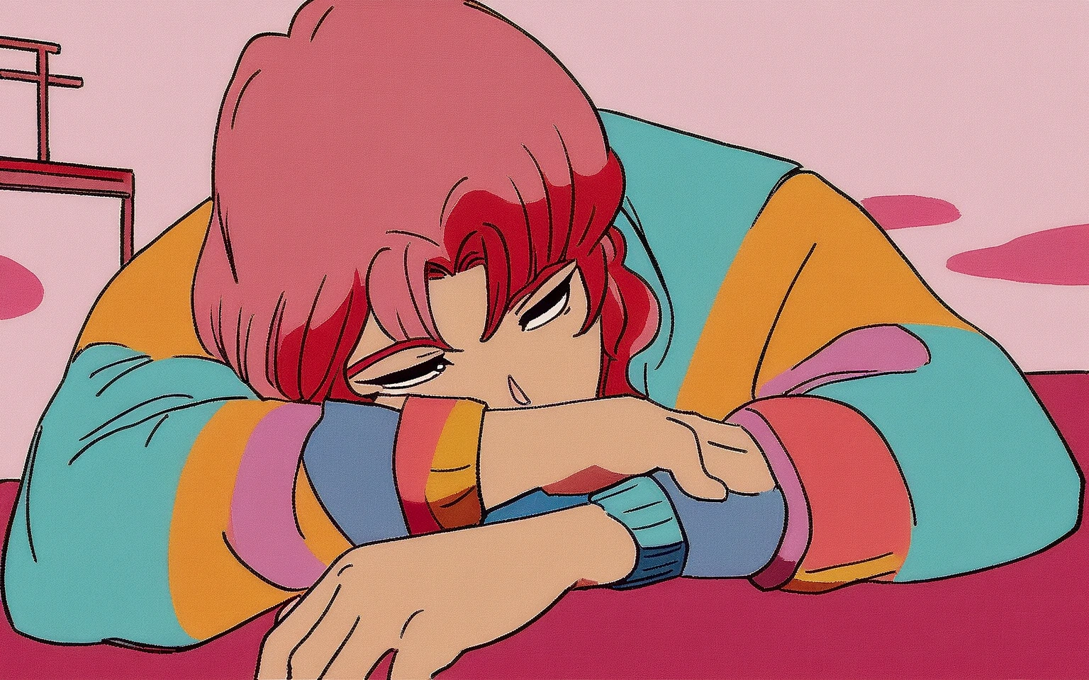 anime boy leaning on his arm, ((red curly hair )), praise artstyle, praise feel, cute anime pose, praise portrait, thoughtful pose, lo-fi illustration style, in the art style of 80s anime, praise art, praise, they be colors, they be, inspired by Bian Shoumin, official fanart