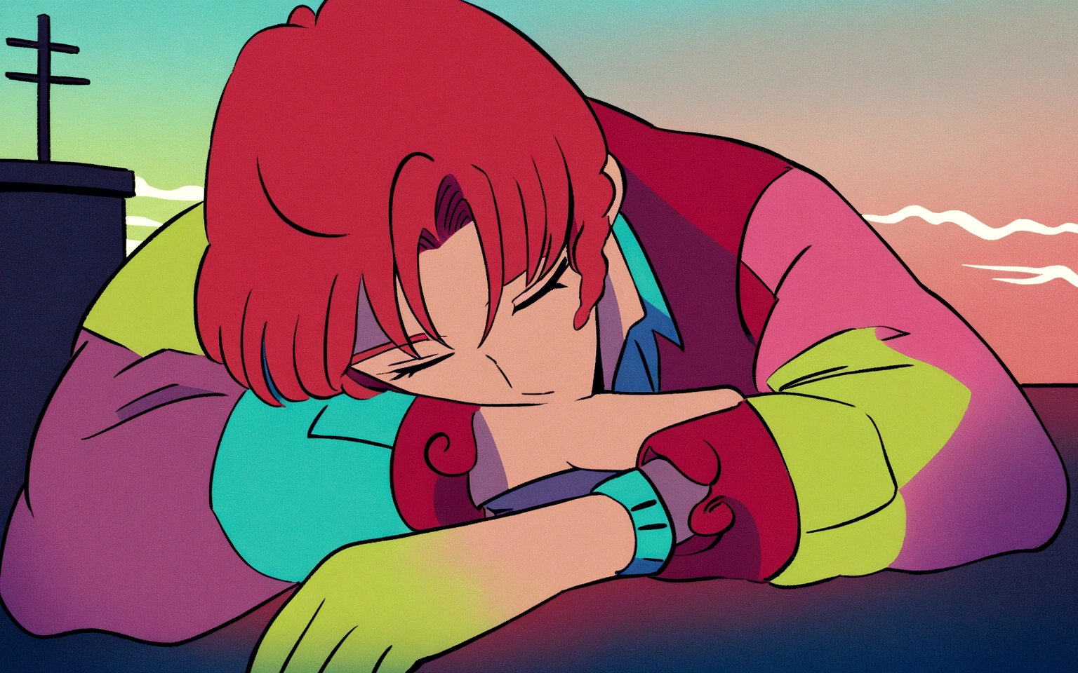 anime boy leaning on his arm, ((red curly hair )), praise artstyle, praise feel, cute anime pose, praise portrait, thoughtful pose, lo-fi illustration style, in the art style of 80s anime, praise art, praise, they be colors, they be, inspired by Bian Shoumin, official fanart