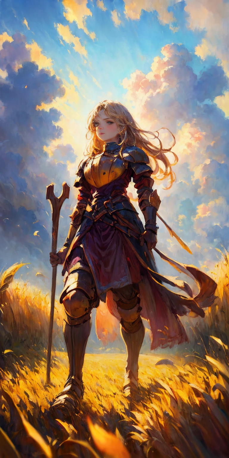 stunning painting of a knight with long blonde hair, wheat field, epic clouds ((painterly)) ((impressionist)) vibrant, soft edges (((warm glow))) full body whole body view from below 1sologirl, feet together, view from below while walking to the viewer