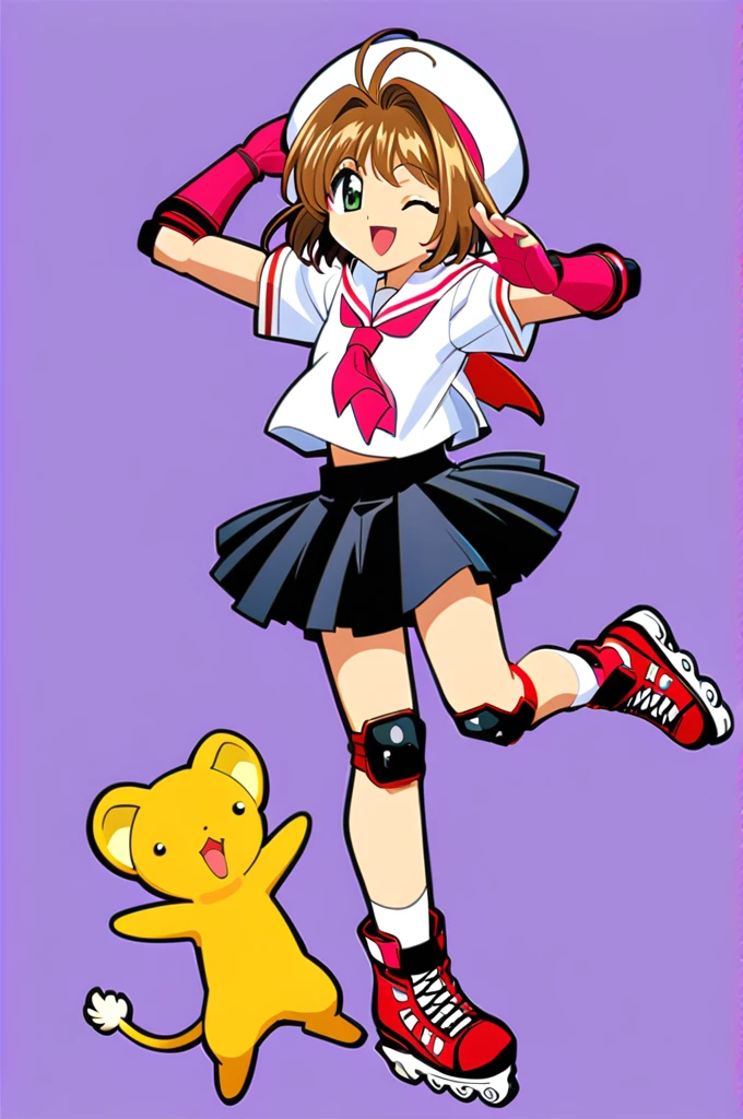 1girl, roller skates, skates, kinomoto sakura, kero, one eye closed, brown hair, skirt, knee pads, , white headwear, green eyes, gloves, elbow pads, tomoeda elementary , hat, Star (symbol), short hair, pleated skirt, fingerless gloves, inline skates, smile, short sleeves, full body, open mouth, serafuku, antenna hair, black skirt, shirt, white shirt, white sailor collar, sailor collar, pink gloves,、Big Breasts