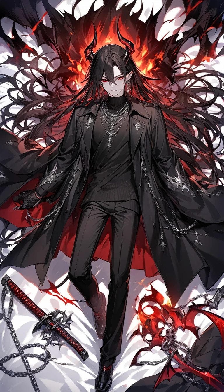 alone, good looking, 1 male, Long hair, Middle parted, Black hair, Red eyes, Black shirt, White Thailand, Black Trench Coat, Royal Silver Jewellery, Royal Demon Earrings, Black horns, Demon Crown, Demonic Katana, Chain, On Back, Demonic Black flames Aura, vtuber Character Design sheet