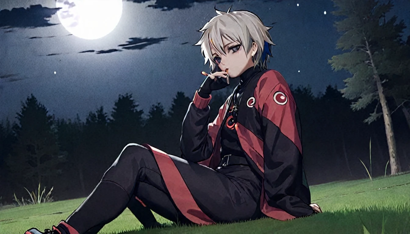 kakashi character in akatsuki outfit smoking weed outside at night, on a full moon night. ultra wide 4k 90s scene