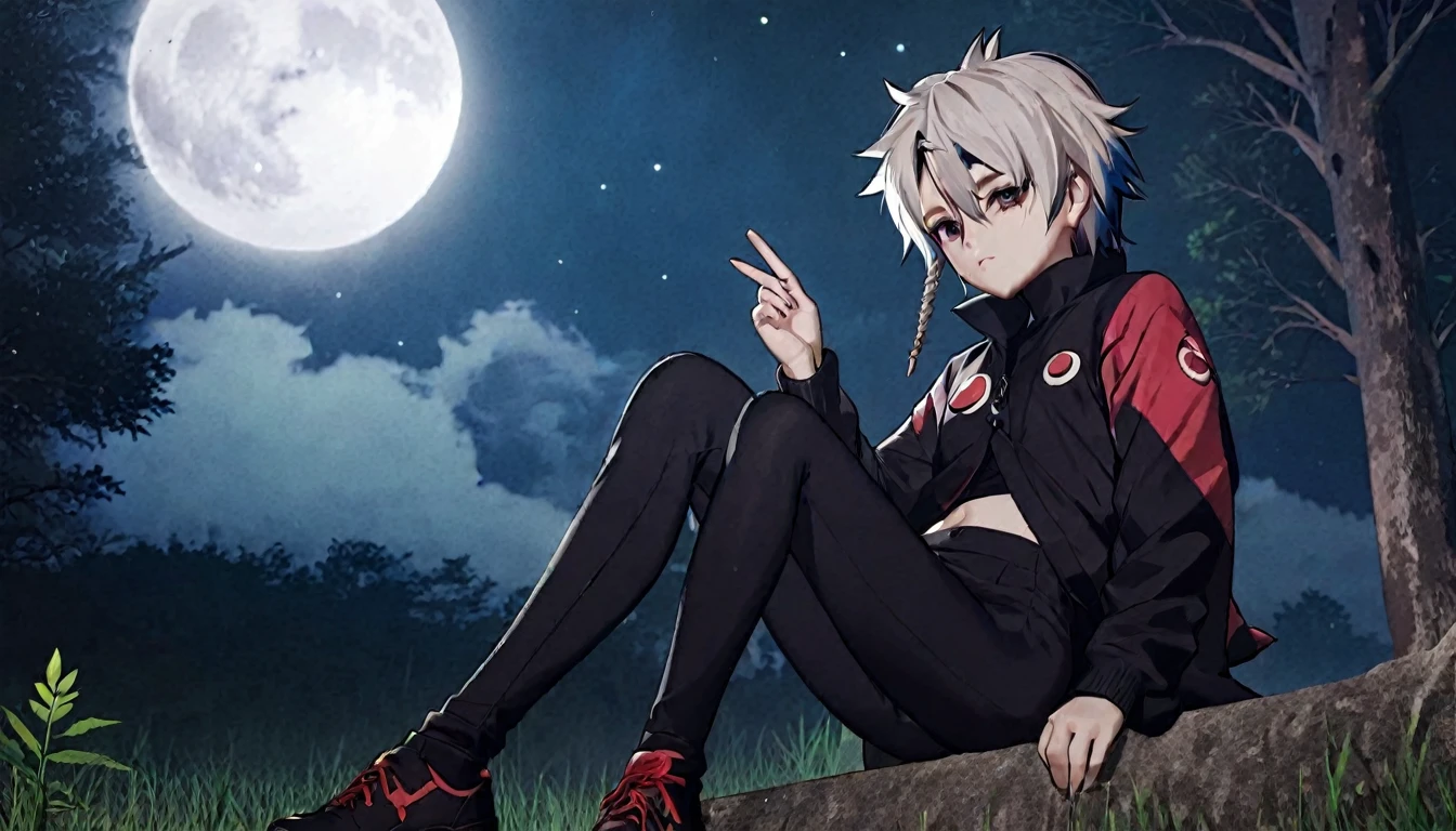 kakashi character in akatsuki outfit smoking weed outside at night, on a full moon night. ultra wide 4k 90s scene